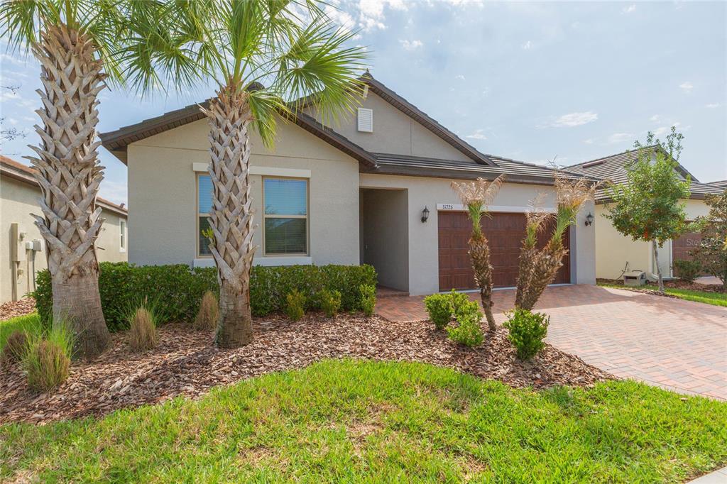A single-story house with a tan stucco exterior, a brick driveway, and two palm trees — 31726 CABANA RYE AVENUE, SAN ANTONIO, FL