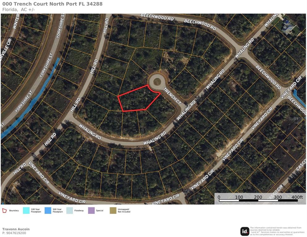 This is a satellite map showing a vacant residential lot outlined in red on Trench Court — TRENCH COURT, NORTH PORT, FL