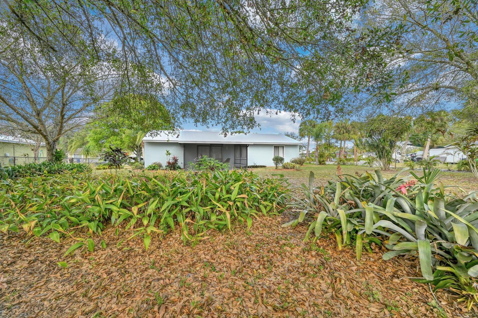 A light blue single-story house sits behind a yard with large plants and fallen leaves — 1765 24th Place SW, Vero Beach FL 32962, VERO BEACH, FL