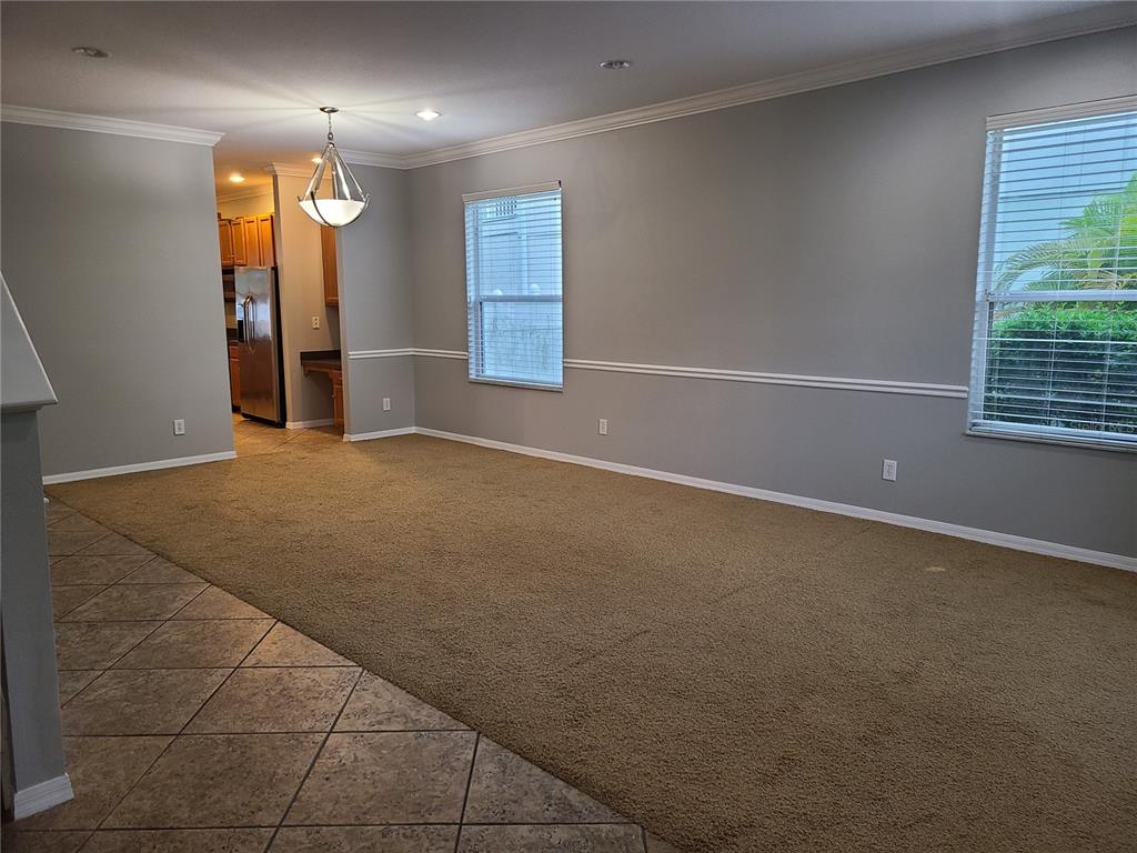 A living room with beige carpeting, gray walls, chair rail molding, and two windows — 6122 39TH COURT E, BRADENTON, FL