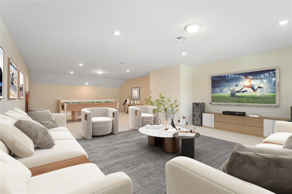 This is a digital rendering of a spacious, furnished game room with a large television — 9212 HANGING VINE COURT, ORLANDO, FL