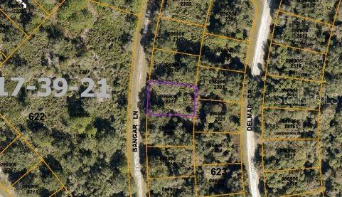 This is an aerial map view showing a highlighted vacant lot between two residential streets — DELMAR DRIVE, NORTH PORT, FL