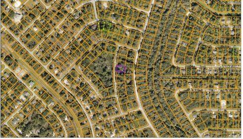 This is an aerial map view of a residential neighborhood with highlighted property lots — DELMAR DRIVE, NORTH PORT, FL