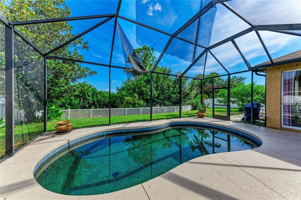 A screened-in patio features a kidney-shaped swimming pool and a concrete deck — 10918 BULLRUSH TERRACE, LAKEWOOD RANCH, FL