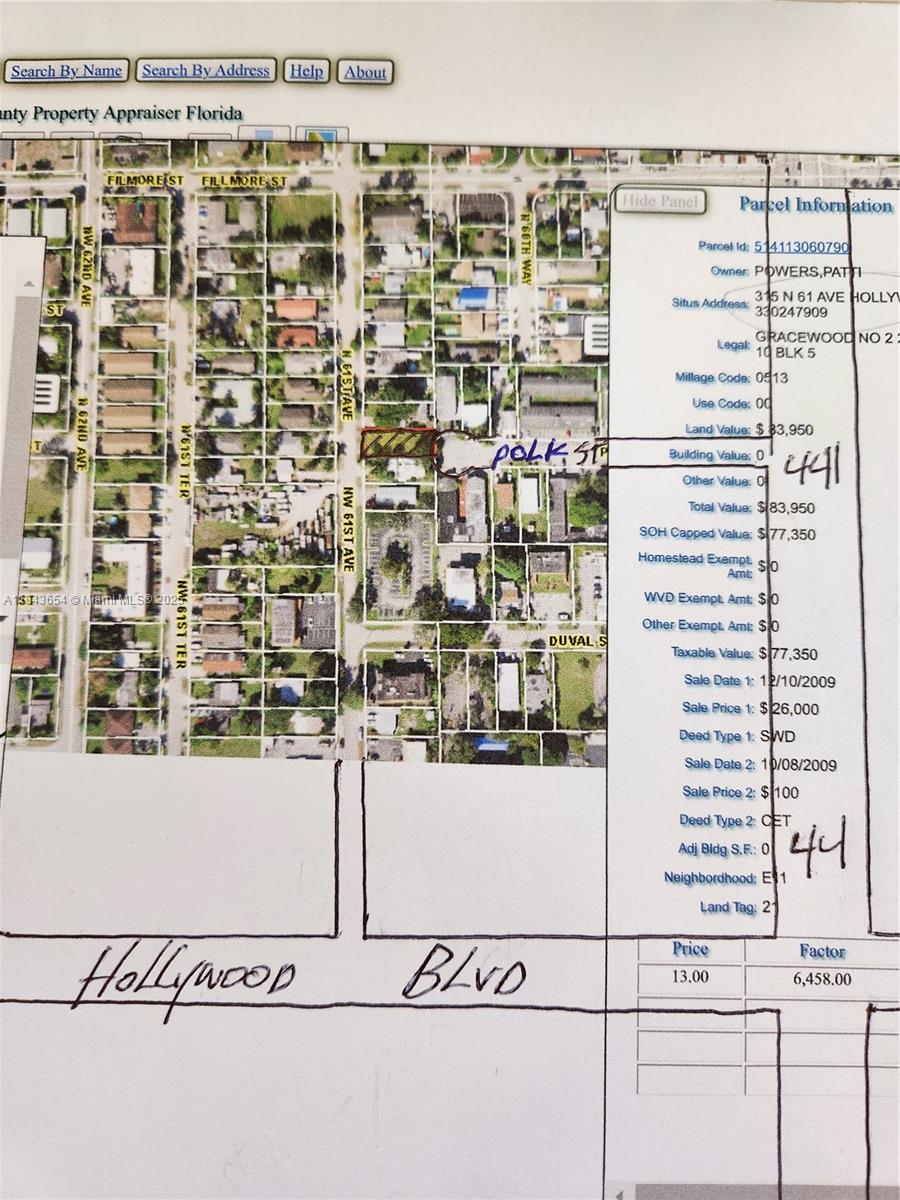This is a property appraiser map showing a highlighted parcel and associated land data — 315 N 61st Ave, Hollywood FL 33024, HOLLYWOOD, FL