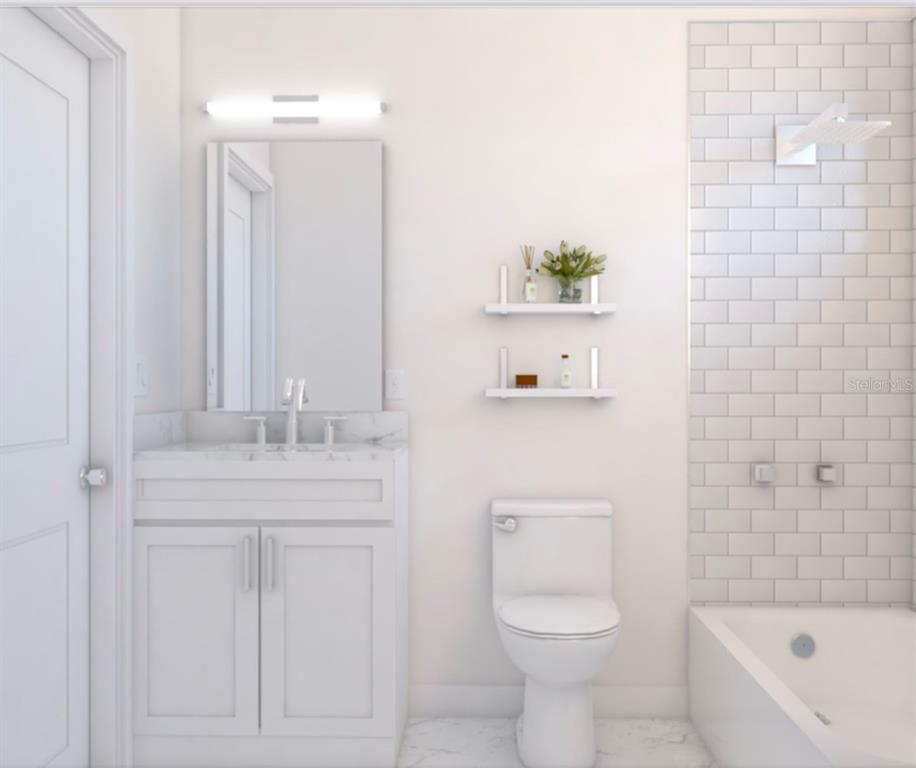 This is a rendering of a modern bathroom with a white vanity, toilet, and tiled tub — 0 LITTLEFIELD LANE, NORTH PORT, FL