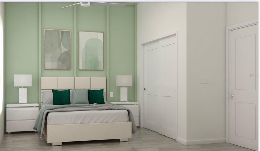 A digital rendering of a bedroom featuring a green paneled wall and a beige bed — 0 LITTLEFIELD LANE, NORTH PORT, FL