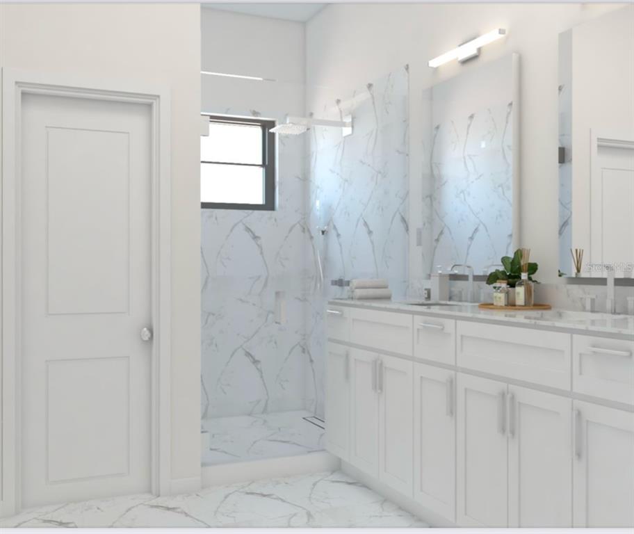 This rendering shows a modern bathroom with white cabinetry, marble-style tile, and a glass shower — 0 LITTLEFIELD LANE, NORTH PORT, FL