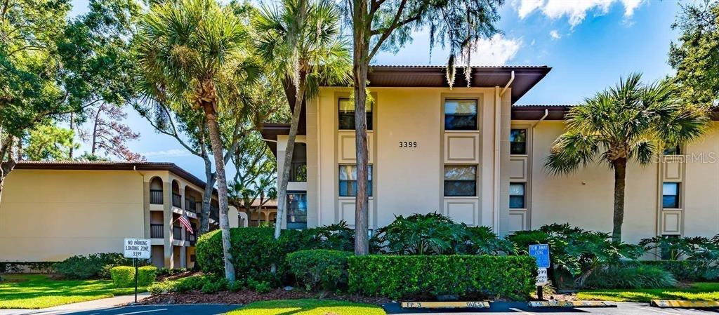 A multi-story apartment building with beige stucco walls is surrounded by palm trees and landscaping — 3399 MERMOOR DRIVE UNIT 206, PALM HARBOR, FL