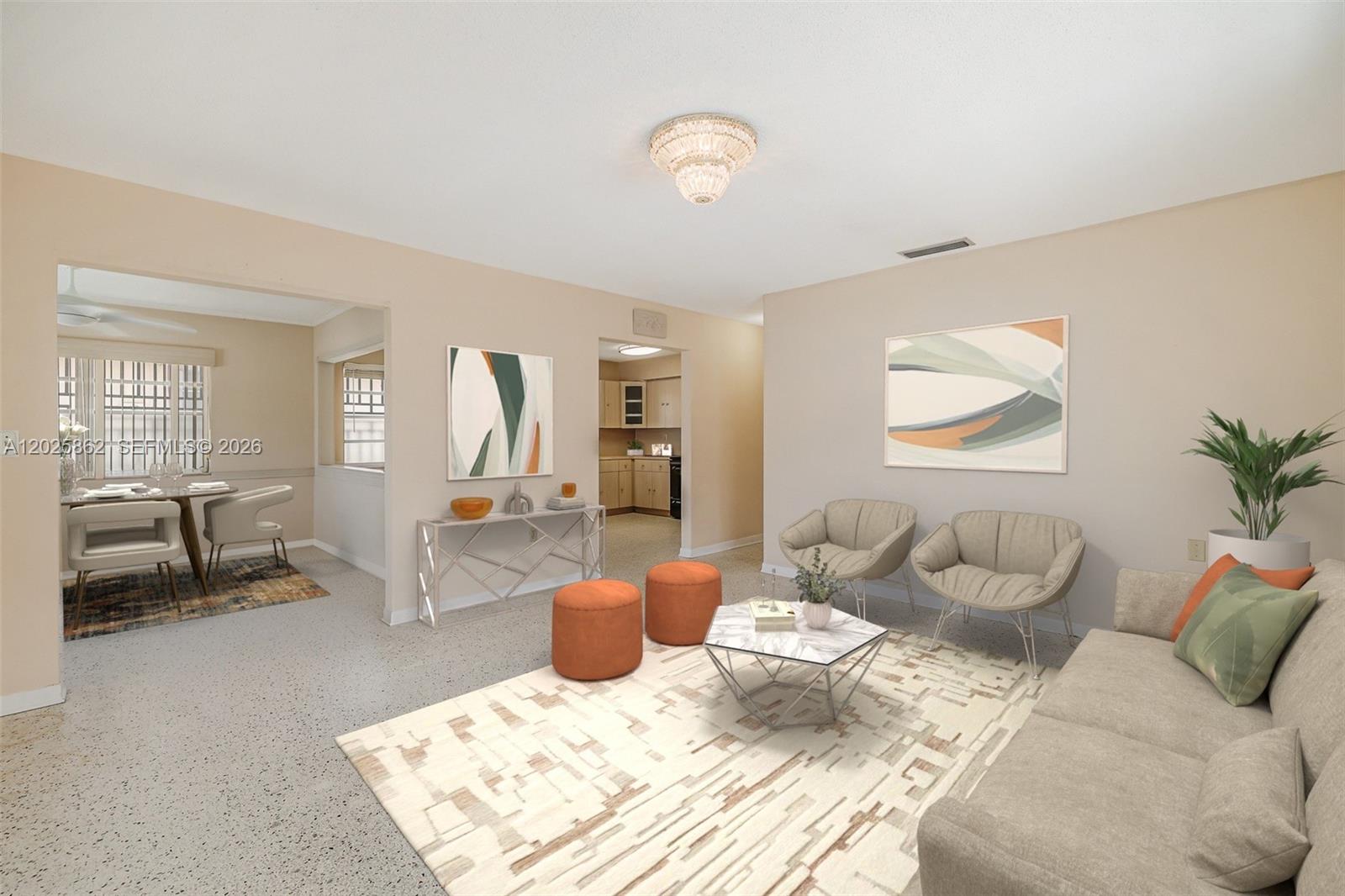 This is a digital rendering of a living room and dining area with neutral decor — 251 NW 60th Ct, Miami FL 33126, MIAMI, FL