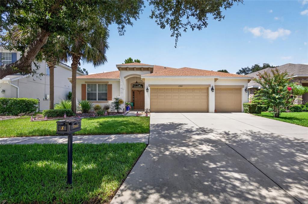 A single-story house with a tan stucco exterior, a three-car garage, and a concrete driveway — 15601 STARLING WATER DRIVE, LITHIA, FL
