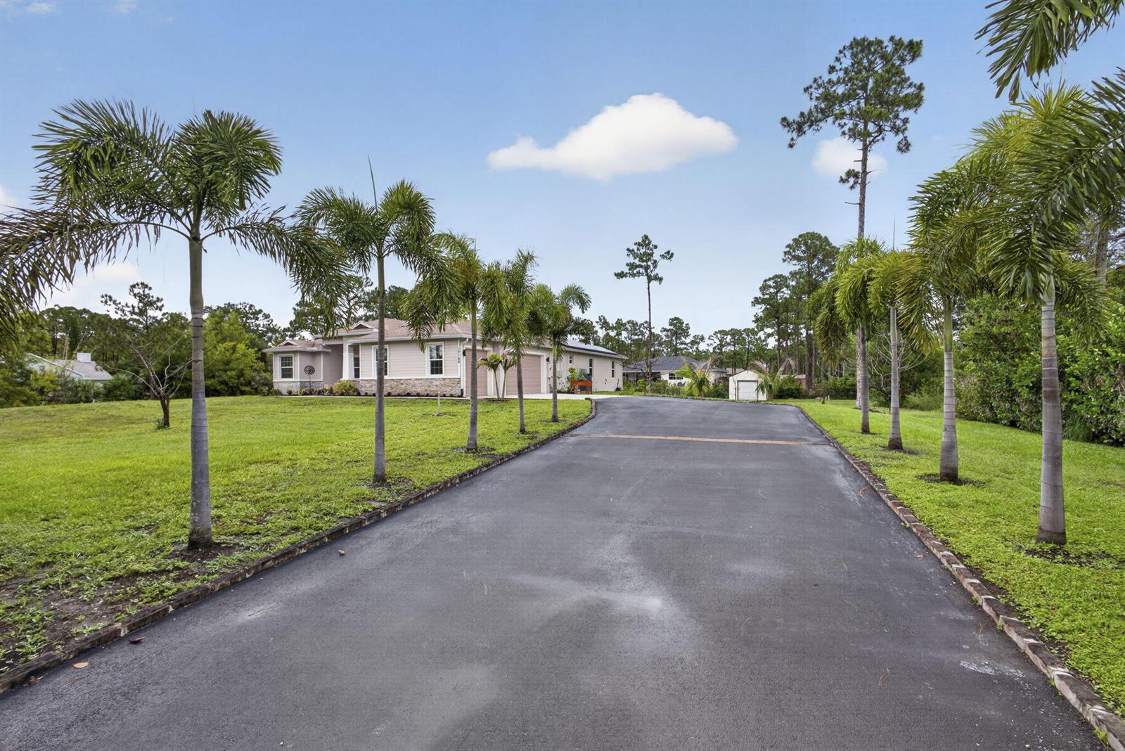 A long asphalt driveway leads to a single-story house lined with palm trees — 17145 Hamlin Boulevard, Loxahatchee FL 33470, LOXAHATCHEE, FL