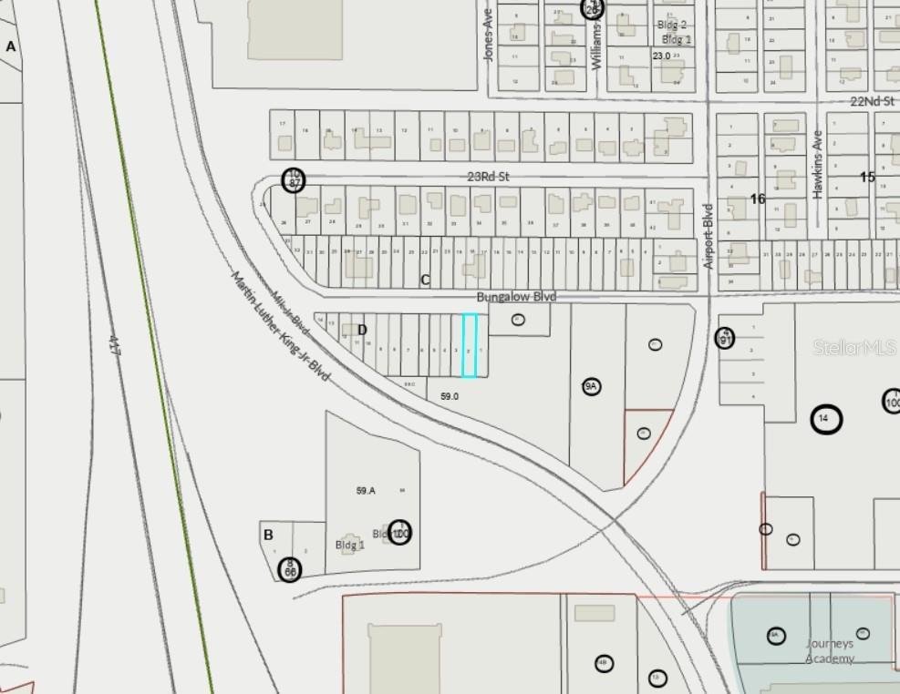 This is a tax map showing property lot lines and street layouts in a residential area — 0 BUNGALOW BOULEVARD, SANFORD, FL