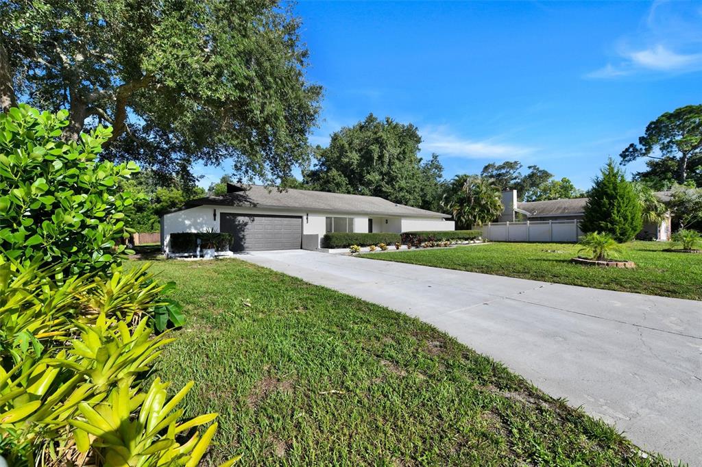 A single-story house with a gray garage door and a concrete driveway sits on grass — 207 DUNBRIDGE DRIVE, PALM HARBOR, FL