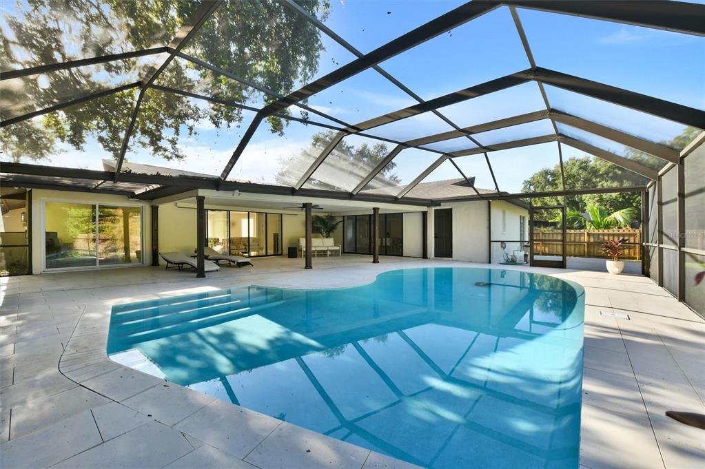 A screened-in patio features a kidney-shaped swimming pool and light-colored tile flooring — 207 DUNBRIDGE DRIVE, PALM HARBOR, FL