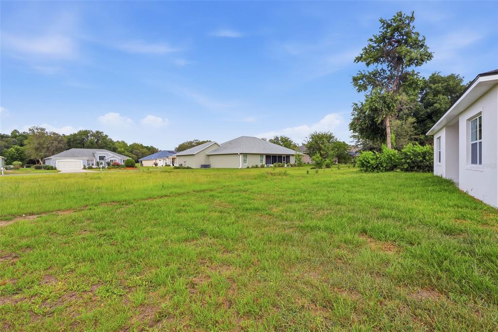 A grassy backyard view showing neighboring houses and a portion of a home's exterior wall — 162 W ROMANY LOOP, BEVERLY HILLS, FL