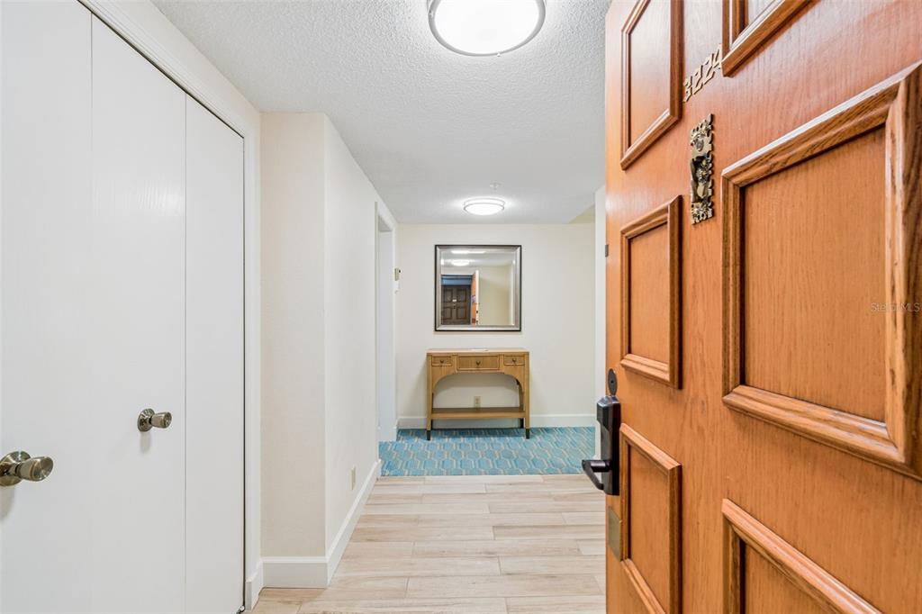 An entryway features light wood-look flooring, a white closet, and a wooden console table — 36750 US HIGHWAY 19 UNIT 21202, PALM HARBOR, FL