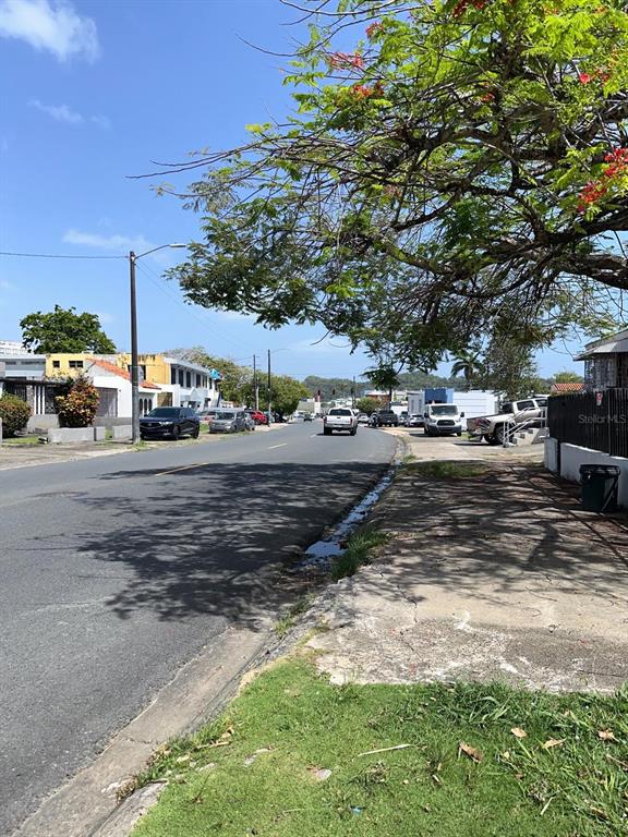 A street view shows a paved road, parked cars, and a large tree with red flowers — 417 ESCORIAL AVENUE, SAN JUAN, PR