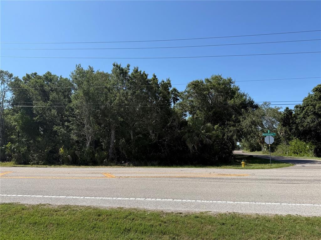 A vacant, wooded corner lot sits beside a paved road with a street sign — 23124 WESTCHESTER BOULEVARD, PUNTA GORDA, FL