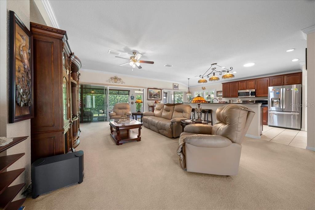 A living room with beige carpet, leather furniture, and an open kitchen with wooden cabinets — 9203 SE 118TH LOOP, SUMMERFIELD, FL