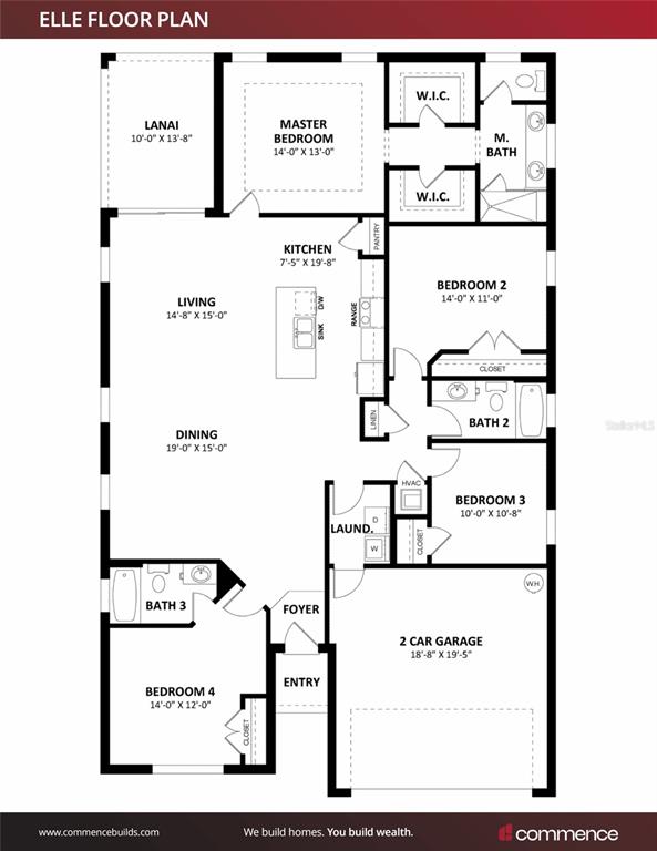 This is a floor plan for a four-bedroom home with a two-car garage and lanai — A NARCISSUS, DUNNELLON, FL