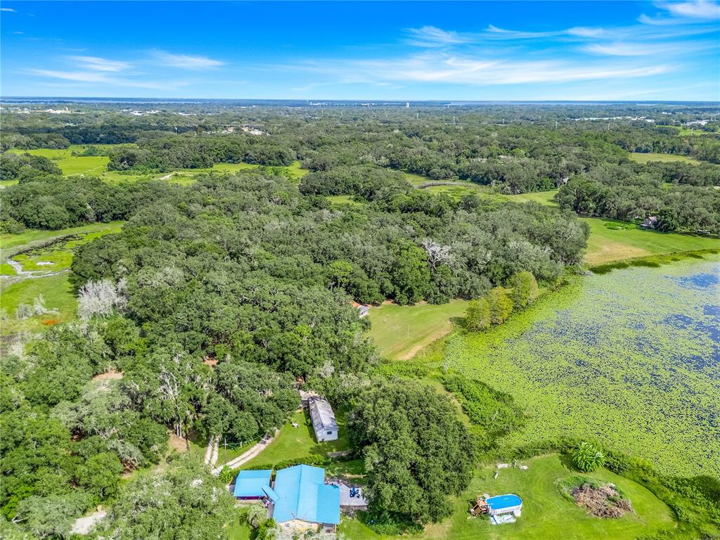 An aerial view shows a house with a blue roof, a pool, and surrounding woods — SELMAN ROAD, LEESBURG, FL
