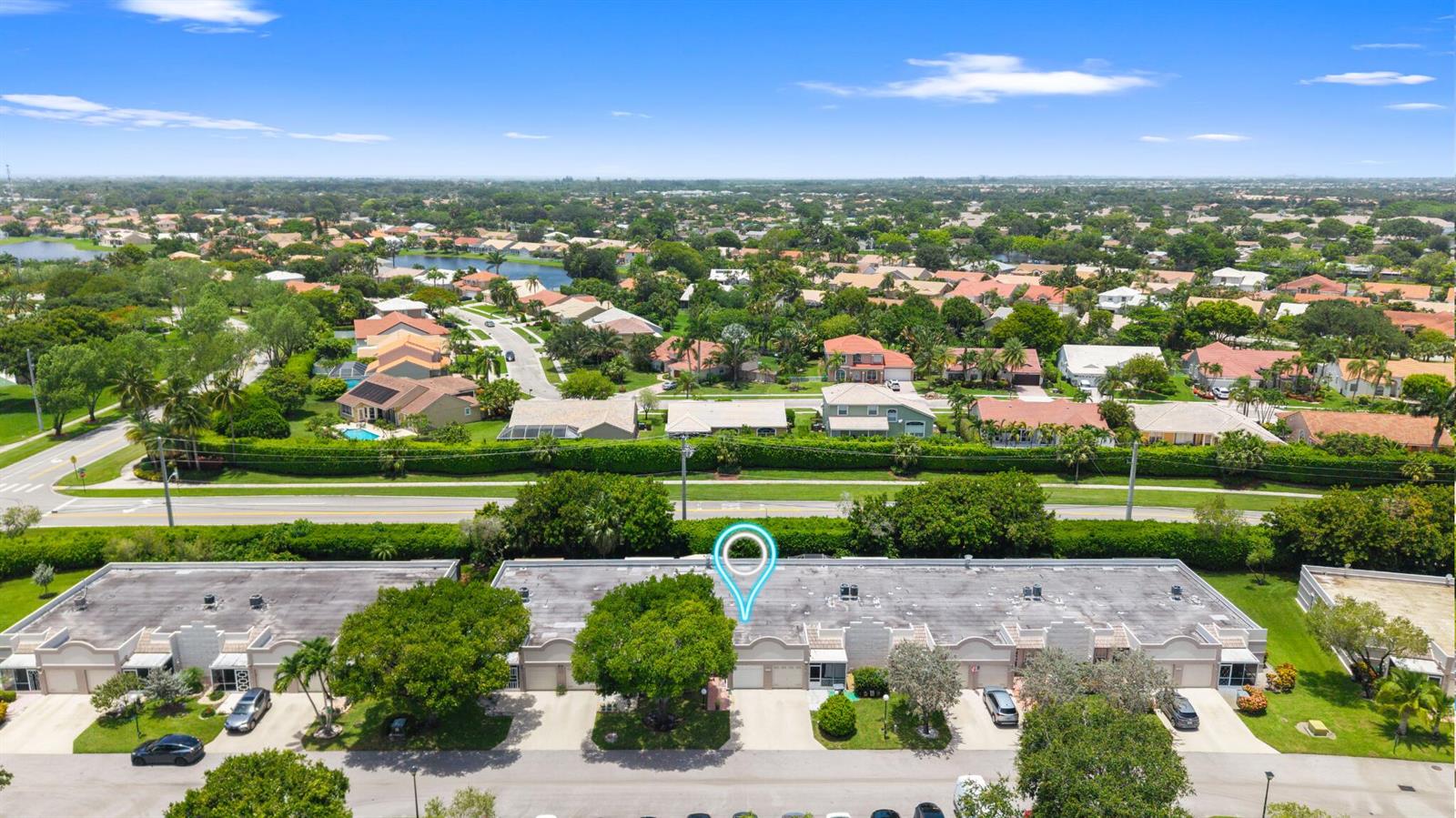 An aerial view shows a row of townhouses with a blue location pin above one unit — 9305 Flynn Circle # 6, Boca Raton FL 33496, BOCA RATON, FL