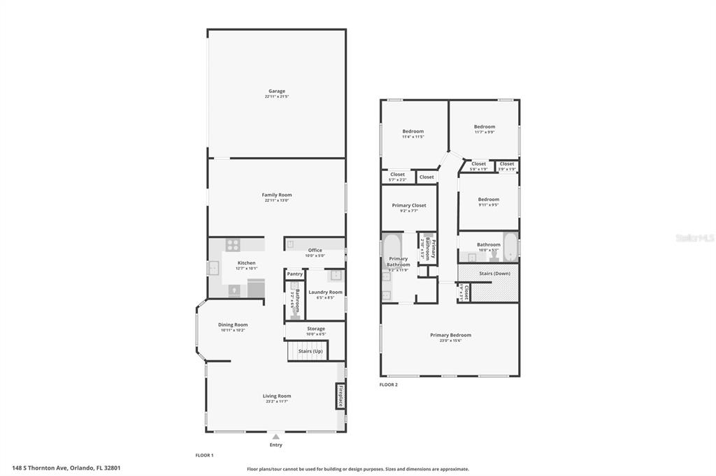 This is a two-story floor plan showing the layout of a residential home — 148 S THORNTON AVENUE, ORLANDO, FL