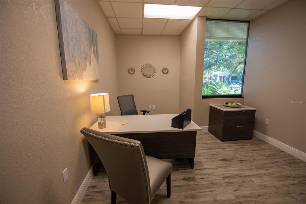 A small office features a desk, two chairs, a window, and wood-look tile flooring — 1211 TECH BOULEVARD UNIT 111, TAMPA, FL