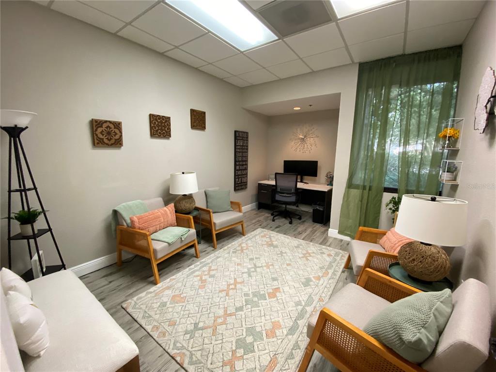 A furnished office space features a desk, multiple armchairs, a patterned rug, and green curtains — 1211 TECH BOULEVARD UNIT 111, TAMPA, FL