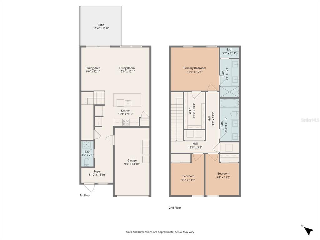 This is a two-story floor plan showing a garage, kitchen, living area, and three bedrooms — 14527 STELLAR PLACE, LAKEWOOD RANCH, FL