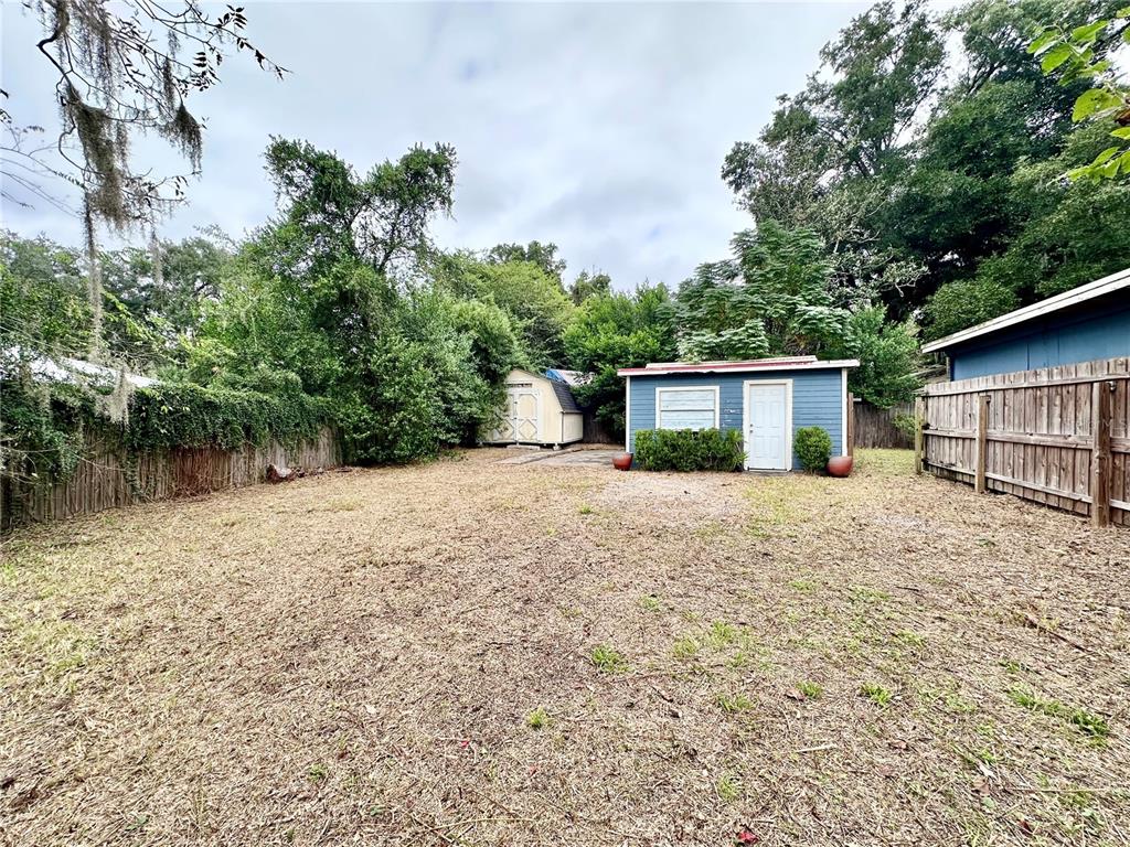 A backyard features a large grassy area, a wooden fence, and two small storage sheds — 1515 NE 55TH STREET, OCALA, FL