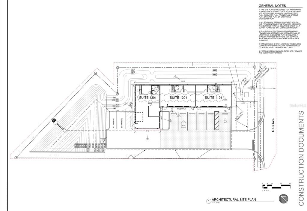 This architectural site plan shows a building with three suites, parking spaces, and landscaping — 593 AULIN AVENUE, OVIEDO, FL