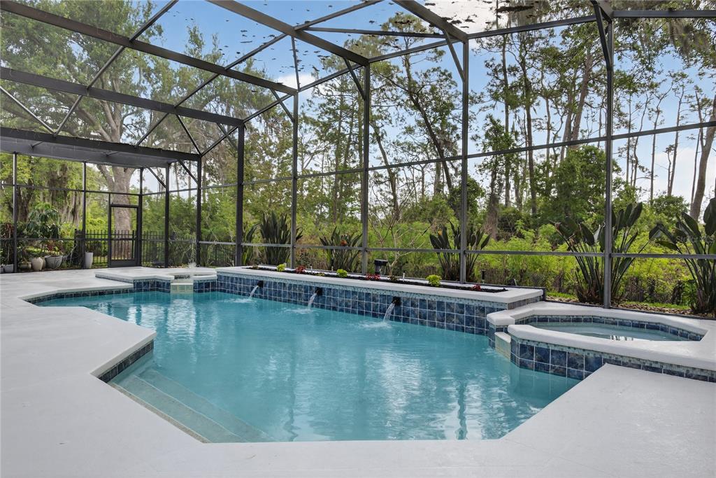A screened-in swimming pool and spa with a tiled water feature and surrounding patio — 8411 WOBURN COURT, WINDERMERE, FL