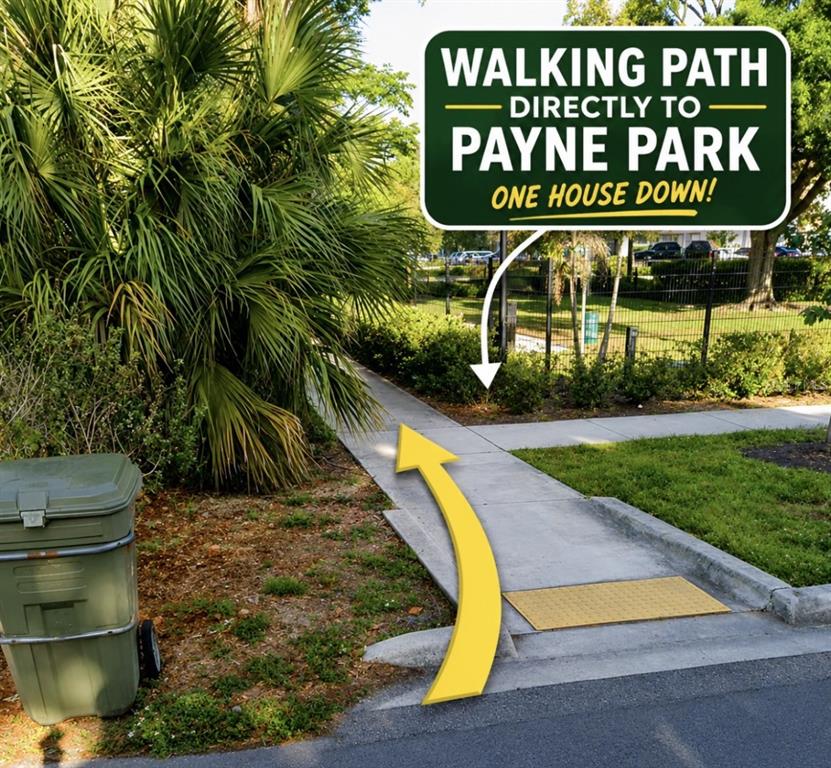 A sidewalk leads past a trash bin toward a park, marked by a directional sign — 336 LIME AVENUE, SARASOTA, FL