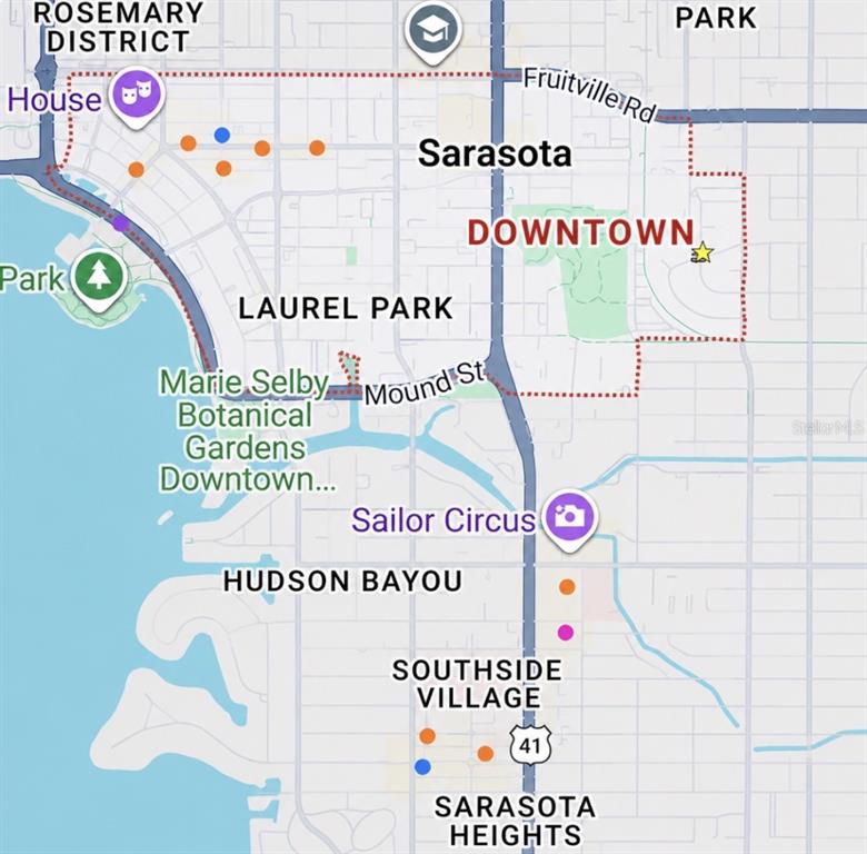 This is a map showing the downtown Sarasota area with various landmarks and neighborhood labels — 336 LIME AVENUE, SARASOTA, FL