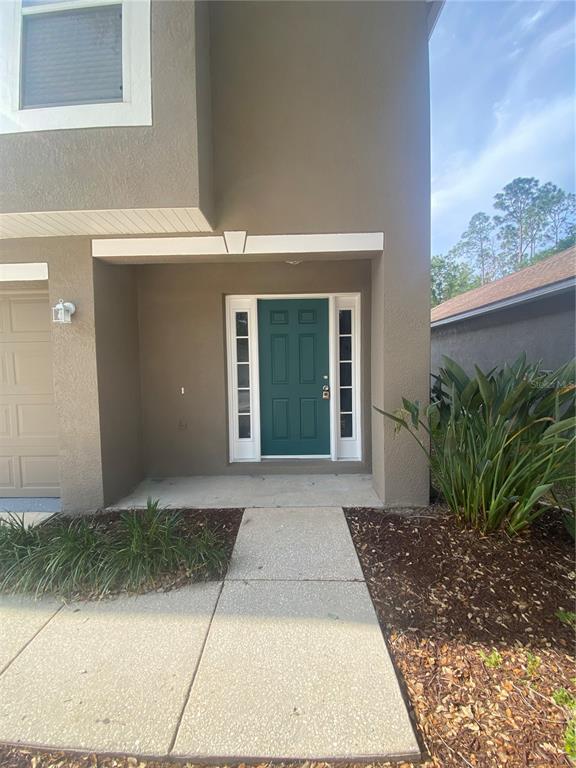 The exterior of a two-story home features a teal front door and a concrete walkway — 30302 DOUBLE DRIVE, WESLEY CHAPEL, FL