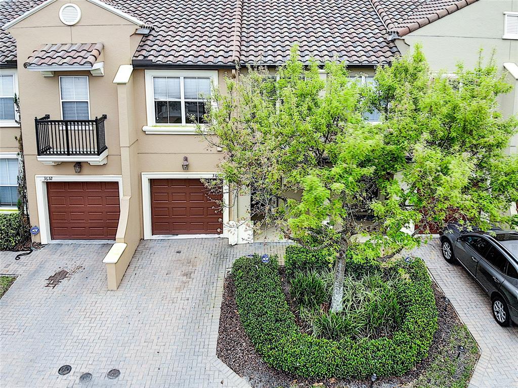 An exterior view of two townhomes with brown garage doors and a central landscaped tree — 3660 IDITAROD LANE, ORLANDO, FL