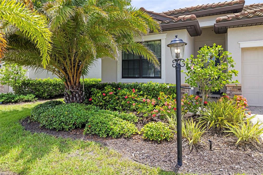 A palm tree and landscaping sit in front of a house with a lamp post — 17927 POLO TRAIL, BRADENTON, FL