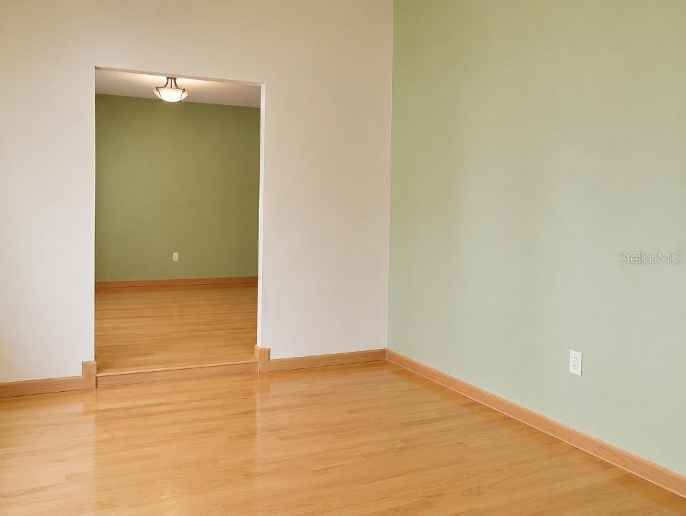 An empty room with light wood flooring and sage green walls leads to another room — 9120 QUEEN ELIZABETH COURT, ORLANDO, FL