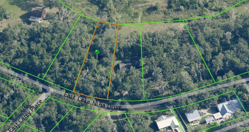 An aerial view shows a wooded residential lot outlined in green on a curved street — 3579 E LAKE NINA DRIVE, INVERNESS, FL