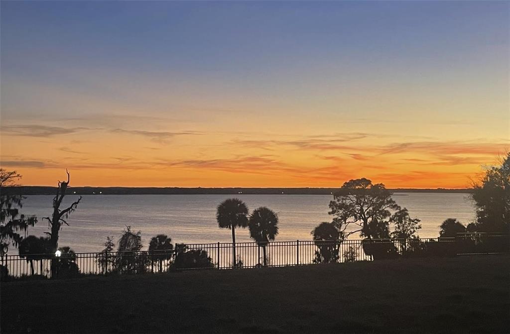 A sunset view over a lake with palm trees and a metal fence in foreground — 650 W 11TH AVENUE, MOUNT DORA, FL