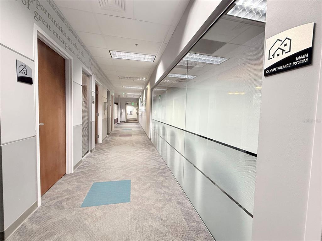 A long office hallway features carpeted floors, glass-walled conference rooms, and wood-paneled doors — 4620 WOODLAND CORPORATE BOULEVARD, TAMPA, FL