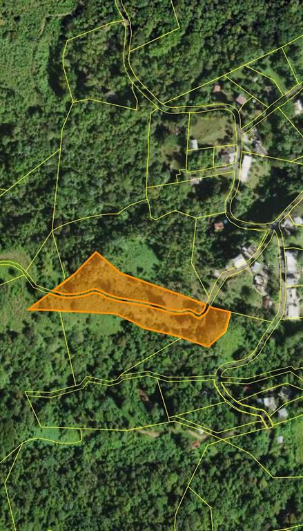 An aerial map view shows a highlighted orange parcel of land surrounded by wooded terrain — 0 CARR 174 KM 14.3 SECTOR LAS CHORRERAS, BAYAMON, PR