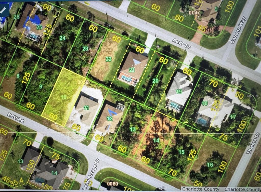 This is a map showing residential property lot lines and existing houses in a neighborhood — 118 BRITT ROAD, ROTONDA WEST, FL