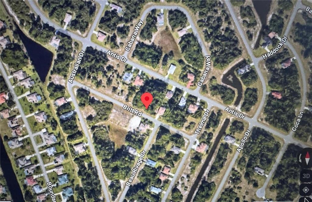 This is an aerial map view showing a vacant lot marked with a red pin — 118 BRITT ROAD, ROTONDA WEST, FL