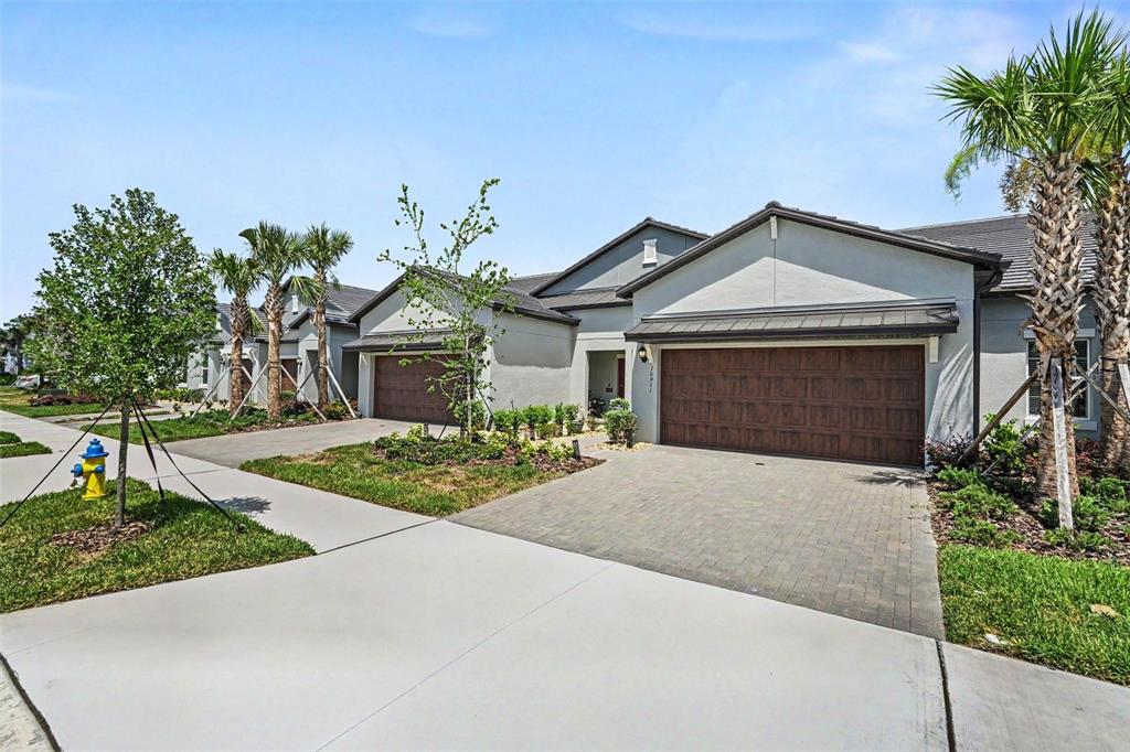 A suburban house exterior features a paved driveway, a two-car garage, and palm trees — 10911 RUSTIC EVE COURT, LAND O LAKES, FL