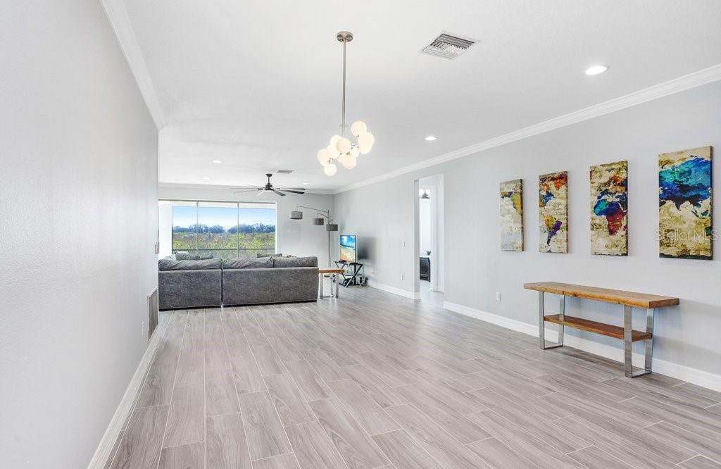 A spacious living area features light gray walls, wood-look tile flooring, and a modern globe chandelier — 11677 BRIGHTON KNOLL LOOP, RIVERVIEW, FL