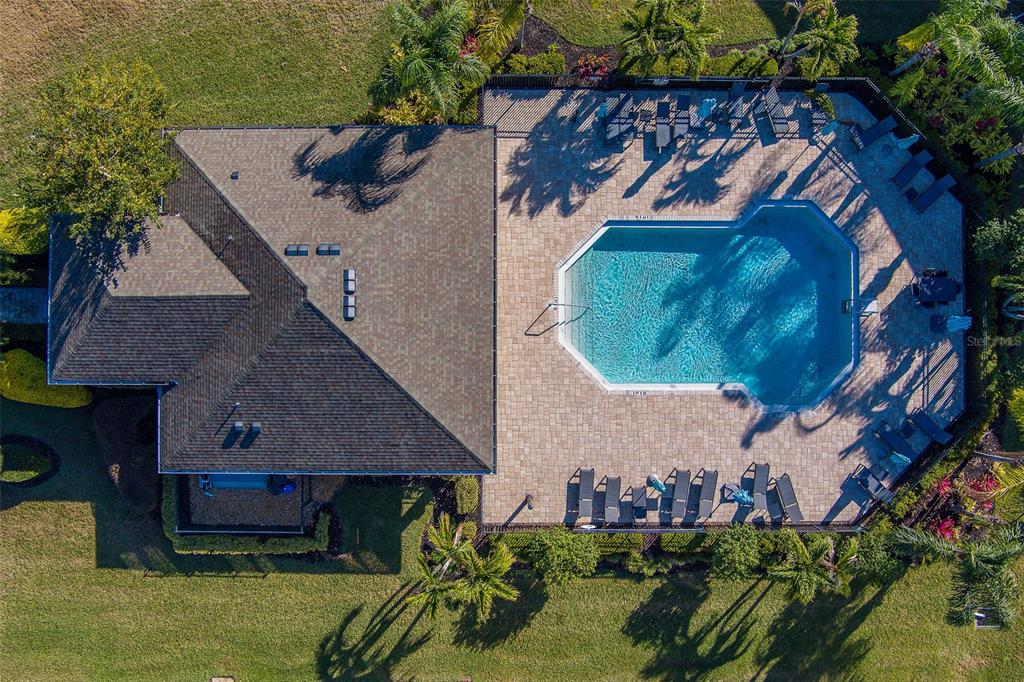 An aerial view shows a house with a shingled roof and a large swimming pool — 2416 FOGGY CREEK CIRCLE, CLEARWATER, FL