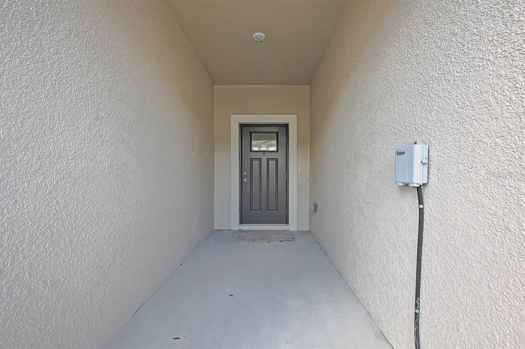 A covered entryway features a gray front door and a wall-mounted utility box — 36144 RISA MICHELE STREET, ZEPHYRHILLS, FL